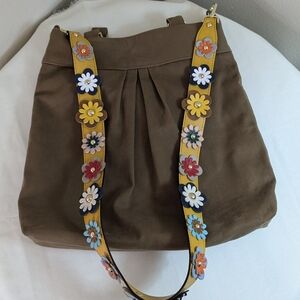 Christy Studio Khaki Messenger/Tote/Shoulder Bag Cotton Strap Leather Flowers